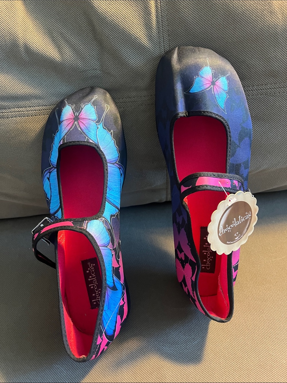 NWT Hot Chocolate Design Mary Jane Flats in Blue, Pink & Black Butterfly 🦋 40